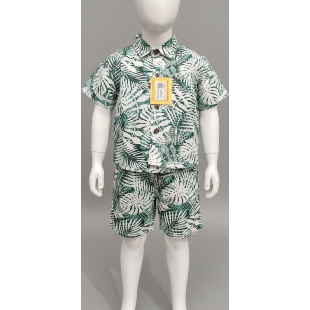 Green and white leaf print cotton shirt and shorts set for kids
