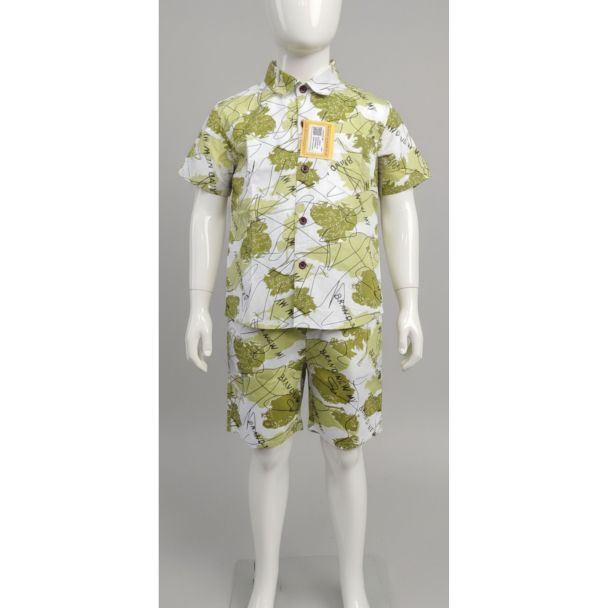Kids green and white leaf print cotton shirt and shorts set - Gangavathi Exports