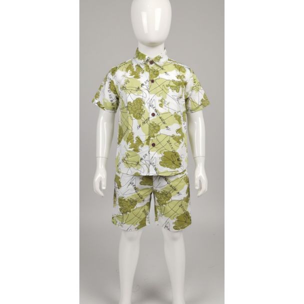 Green and white print cotton kids shirt and shorts set - Gangavathi Exports