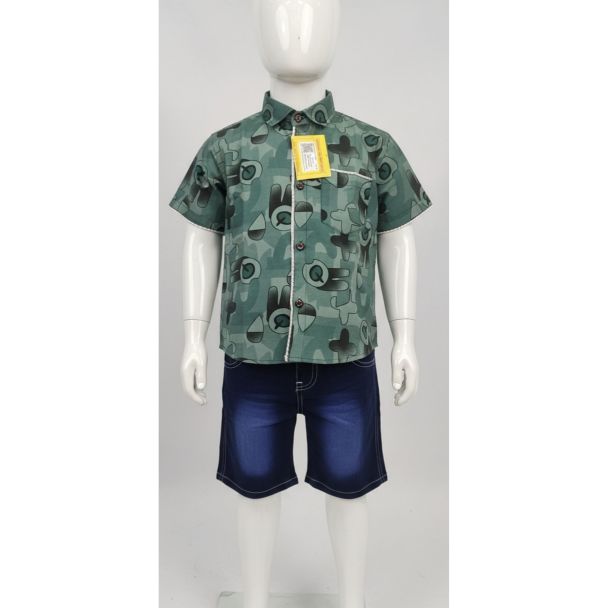 Kids Green Print Cotton Shirt and Denim Shorts Set - Gangavathi Exports