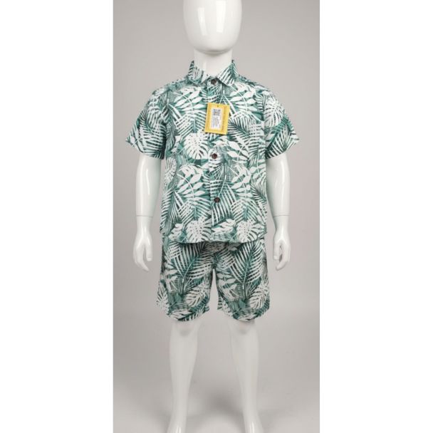 Kids green tropical leaf print cotton shirt and shorts set - Gangavathi Exports