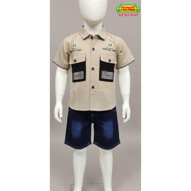 Kid's Khaki short sleeve shirt and denim shorts set with Positive Vibes detailing, perfect for casual outings.