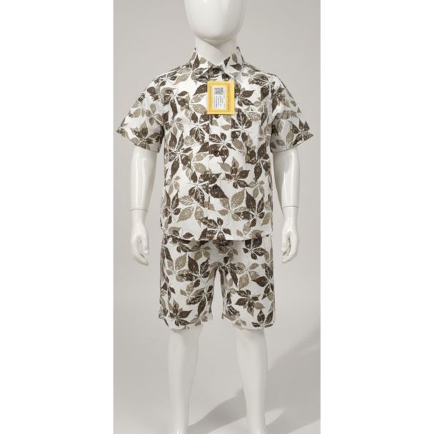 Kids white cotton short sleeve shirt and shorts set with leaf print - Gangavathi Exports
