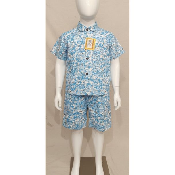 Light blue floral print cotton shirt and shorts set for kids