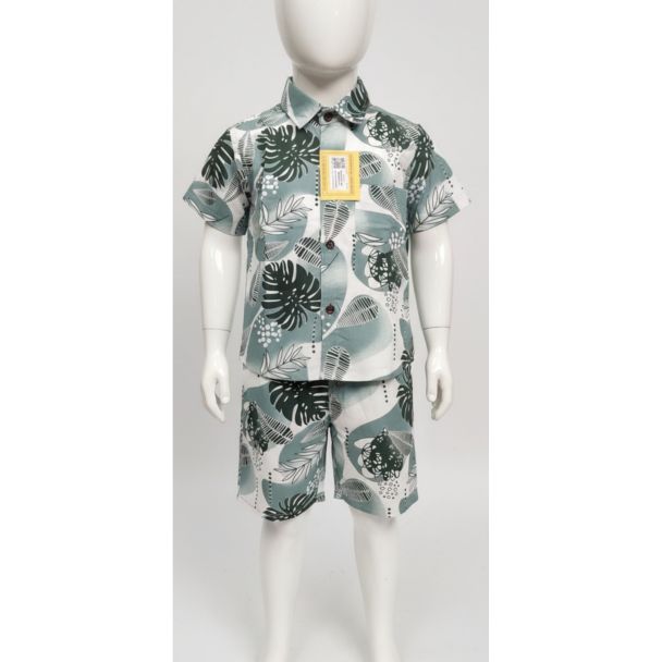 Light green leaf print shirt and shorts set for kids - Comfortable cotton outfit - Gangavathi Exports
