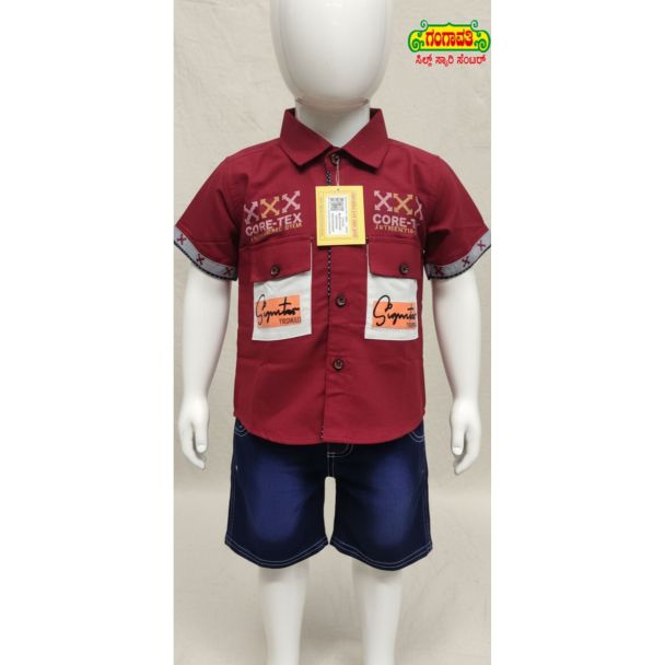 Kids' maroon cotton shirt with denim shorts set
