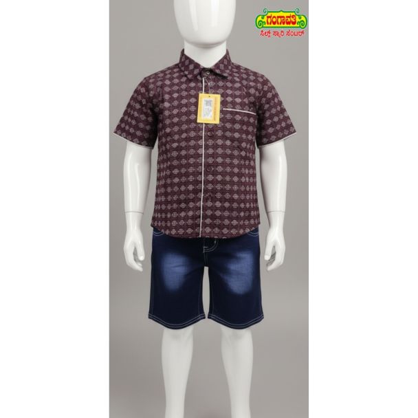 Maroon diamond pattern kid's cotton shirt and denim shorts set