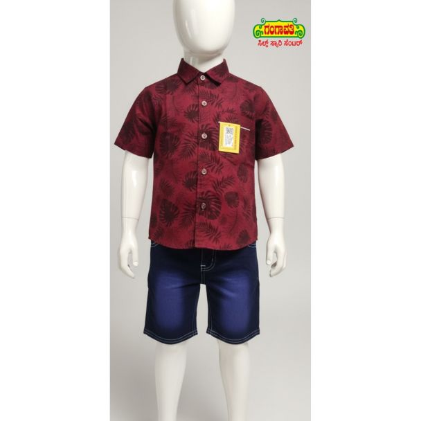 Kids' Maroon floral cotton shirt and denim shorts set - Gangavathi Exports