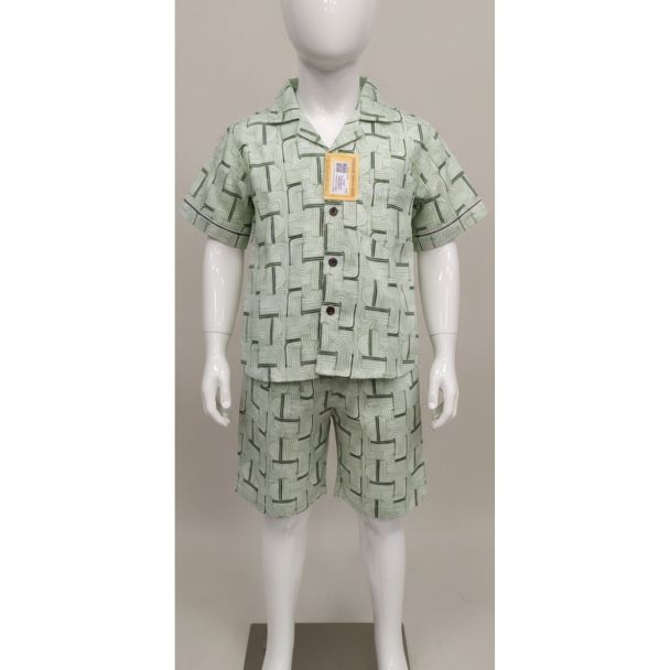 Mint green kids shirt and shorts set with a geometric print - Gangavathi Exports