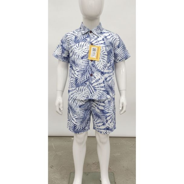 Navy Blue and White Leaf Print Cotton Kids' Shirt and Shorts Set - Gangavathi Exports