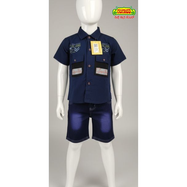 Kids Navy Blue Cotton Shirt & Denim Shorts Set
