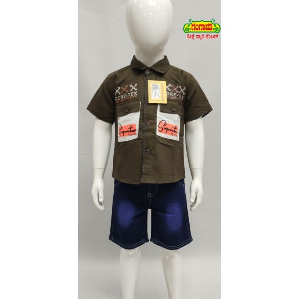 Kids Olive Green Cargo Shirt with Blue Denim Shorts Set - Gangavathi Exports
