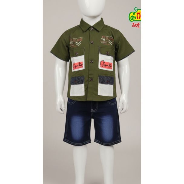 Kids olive green cotton shirt with denim shorts outfit, perfect for casual wear - Gangavathi Exports