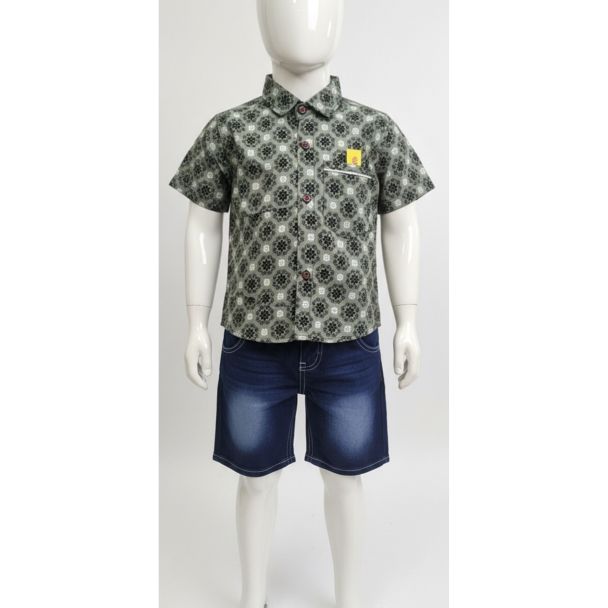 Kids' olive green geometric print shirt and navy denim shorts set