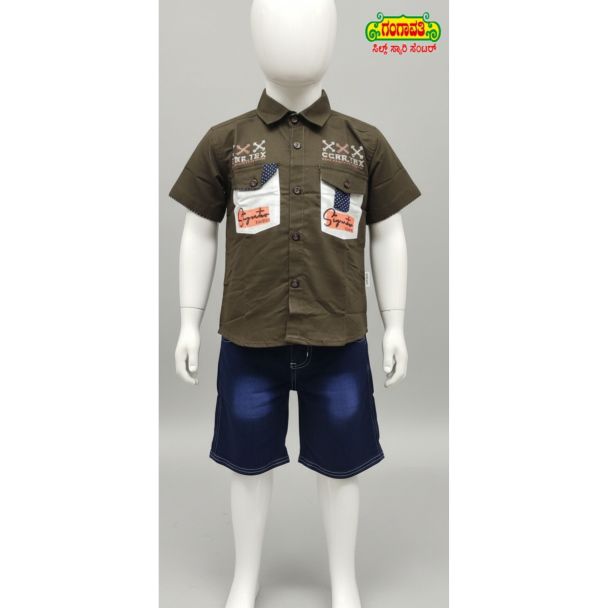 Kid's olive green shirt and denim shorts set - casual wear - Gangavathi Exports