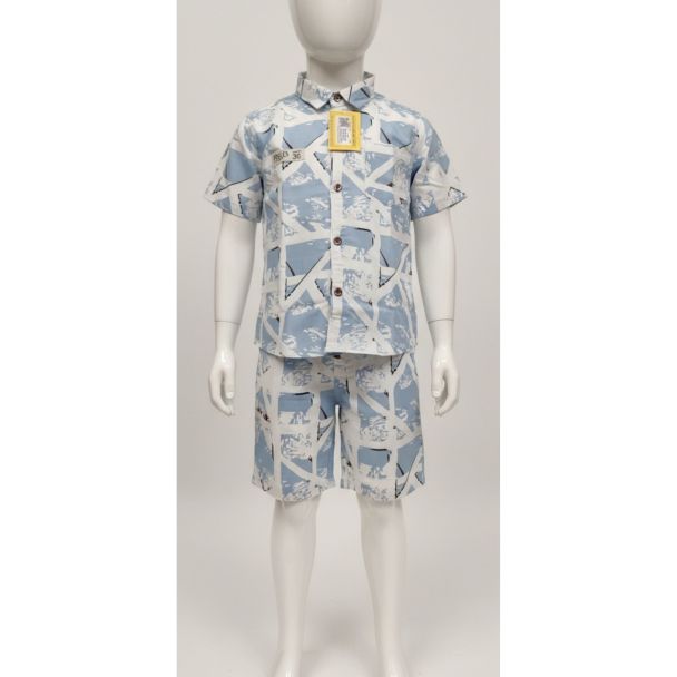 Pastel blue geometric cotton kids shirt and shorts set - Gangavathi Exports