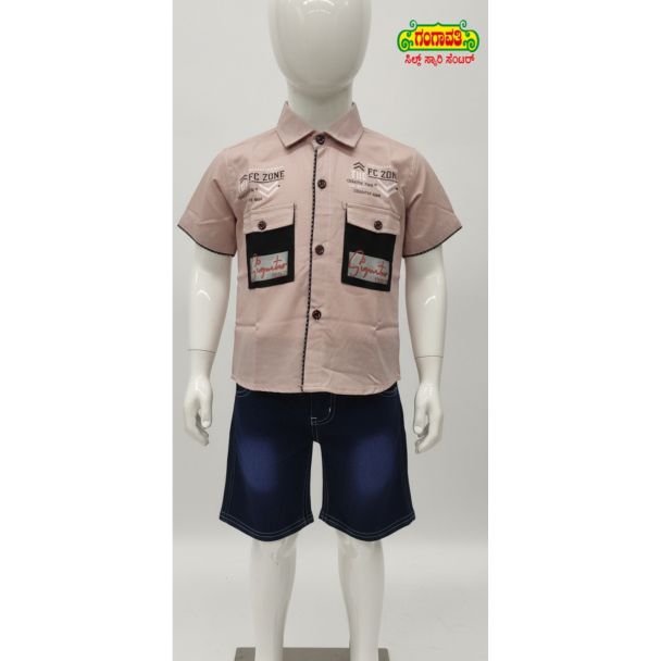 Kids' peach cotton shirt and navy denim shorts set with pockets and buttons - Gangavathi Exports