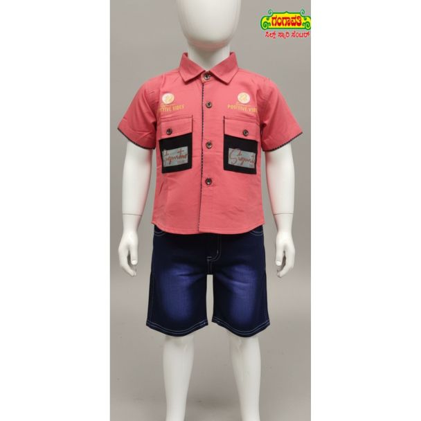 Kids' peach cotton shirt and denim shorts set - Gangavathi Exports
