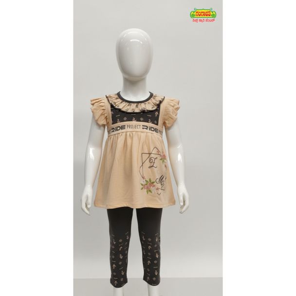 Peach cotton top and grey printed leggings set with ruffle sleeves for kids India