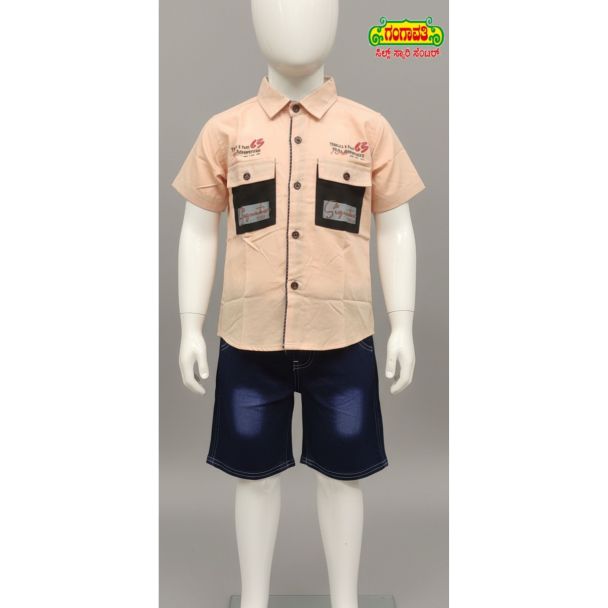 Kid's Peach Shirt & Navy Shorts Set - Casual Outfit