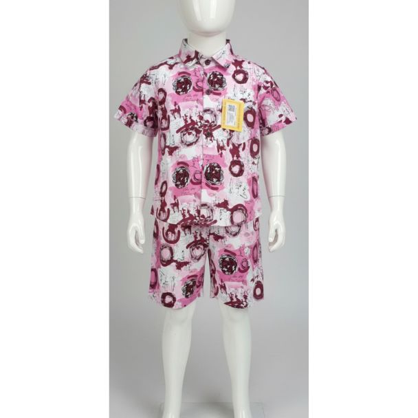 Pink abstract print cotton shirt and shorts set for kids