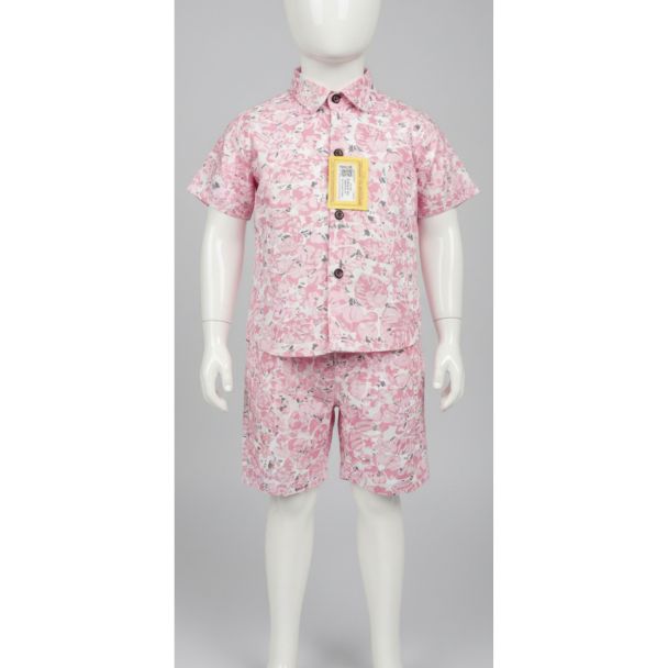 Pink floral cotton shirt and shorts set for kids - Short sleeve and casual wear - Gangavathi Exports