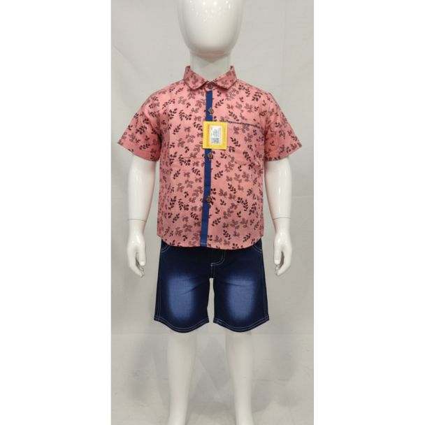 Kid's pink floral print cotton shirt with denim shorts - Gangavathi Exports