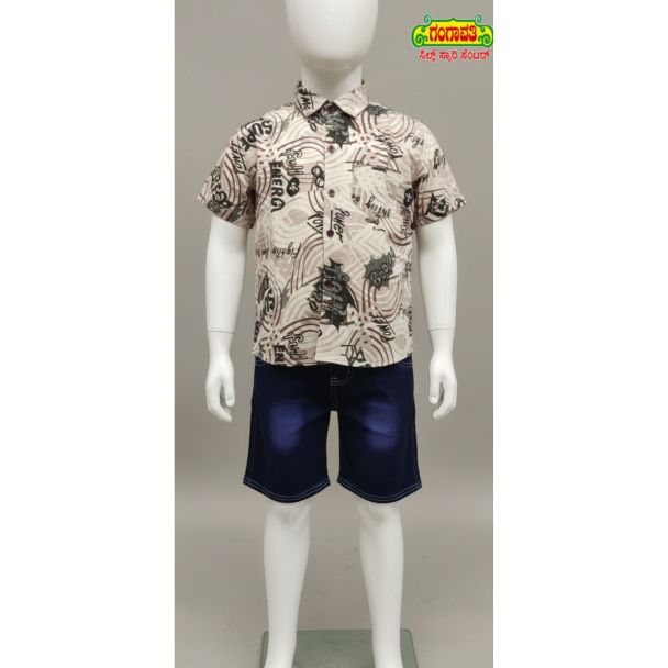 Kid's beige printed cotton shirt and navy blue denim shorts set - Gangavathi Exports