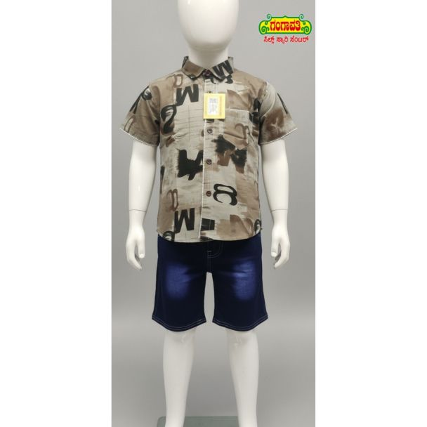 Kids printed brown cotton shirt and blue denim shorts set - Gangavathi Exports