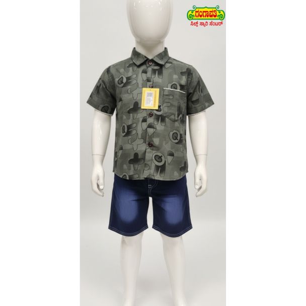 Kids printed olive green shirt with denim shorts set