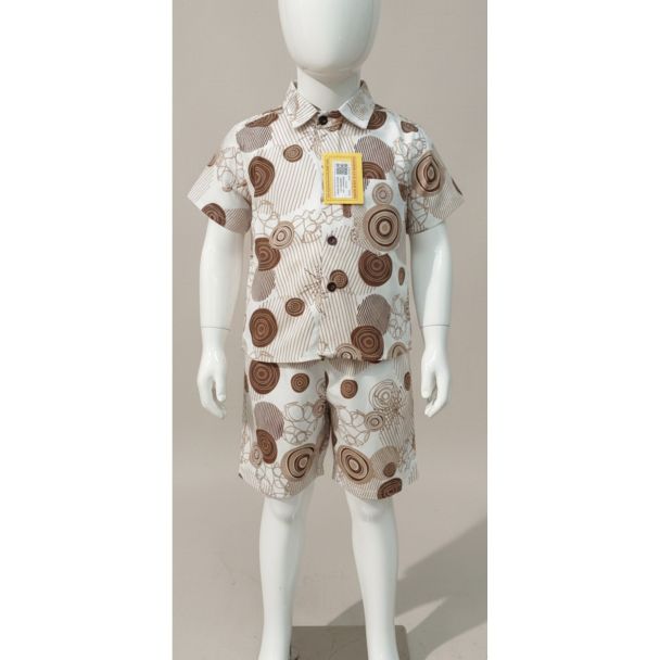 Kids' printed cotton shirt and shorts set in white and brown, perfect for playtime - Gangavathi Exports