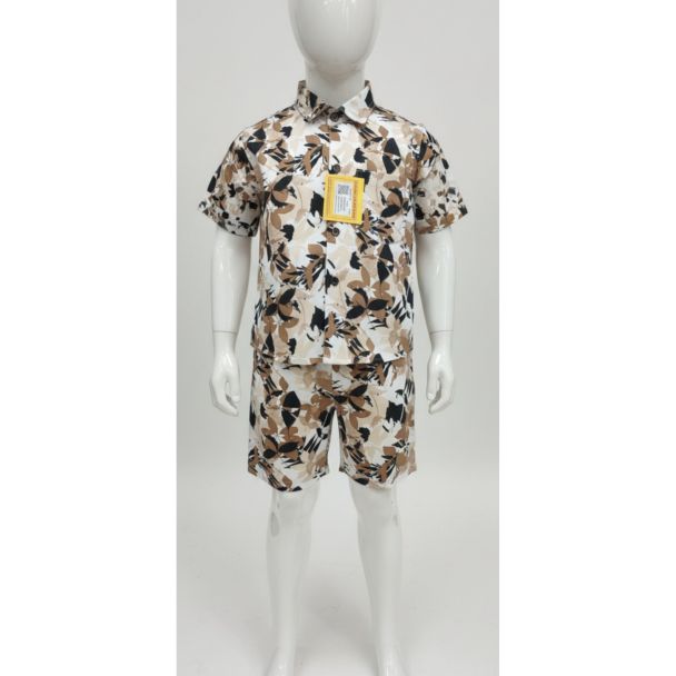 Kids' printed cotton shirt and shorts set in white, light tan, and black - Summer casual wear - Gangavathi Exports