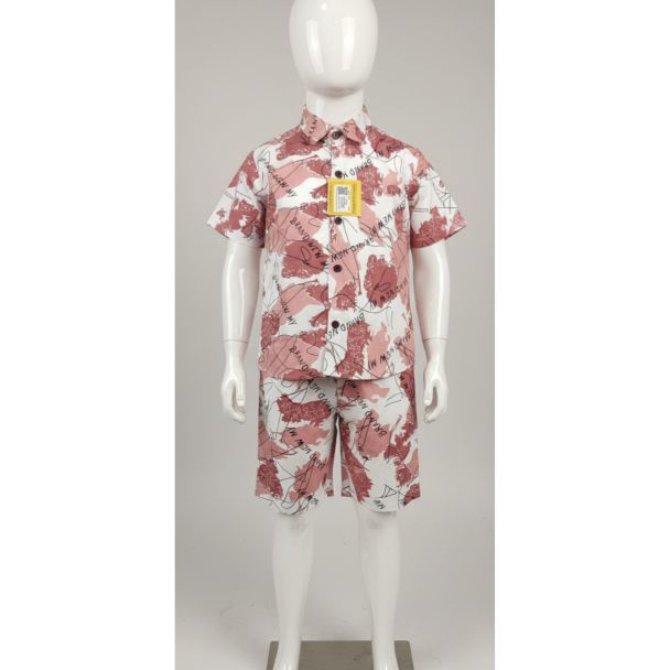 Kids' coral and white printed cotton shirt and shorts set - Gangavathi Exports