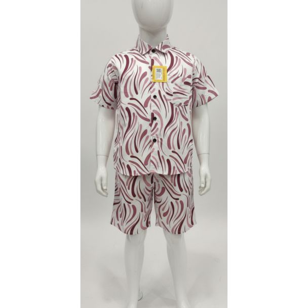 Kids' printed white cotton shirt and shorts set with burgundy brushstroke pattern - Summer Casual Wear