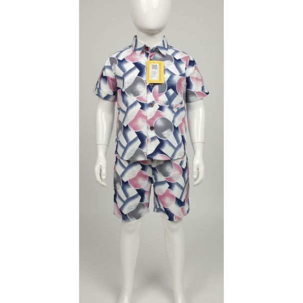 Kids' printed cotton short sleeve shirt and shorts set with a geometric pattern.