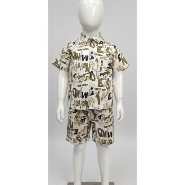 Kids' off-white printed cotton short sleeve shirt and shorts set - Gangavathi Exports