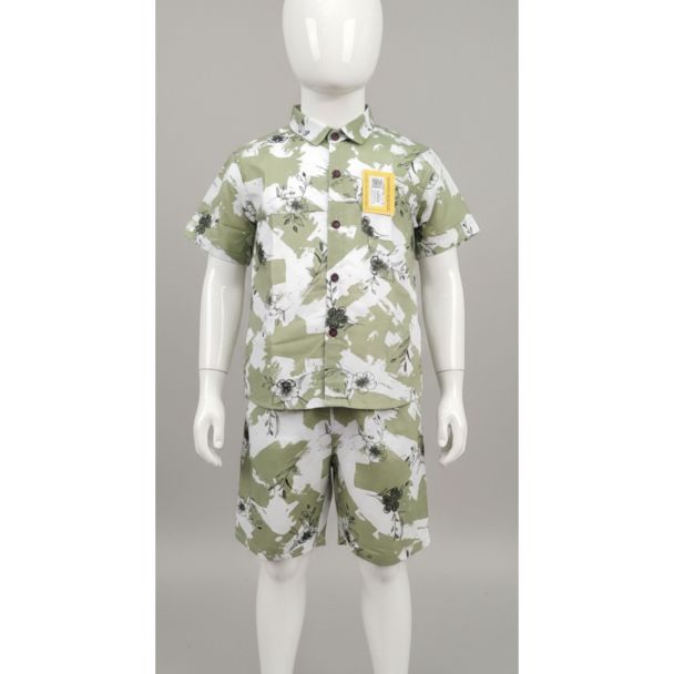Toddler's sage green and white abstract floral print short sleeve shirt and shorts set on a mannequin.