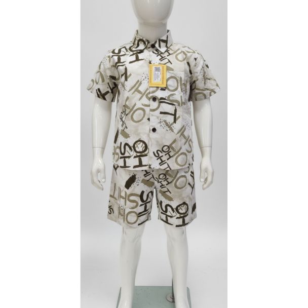 Kids casual two-piece set featuring a short sleeve collared shirt and shorts with graphic typography print.