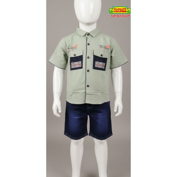 Kids' Sage Green Cotton Shirt and Denim Shorts Set - Casual Outfit - Gangavathi Exports