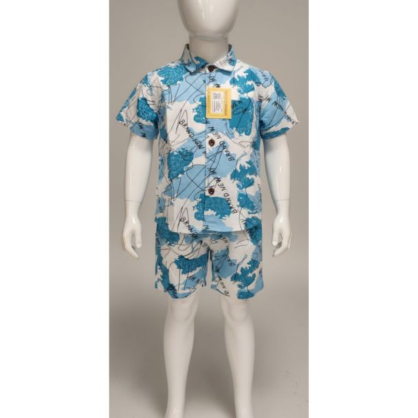 Teal blue printed cotton shirt and shorts set for kids - Casual Summer Wear