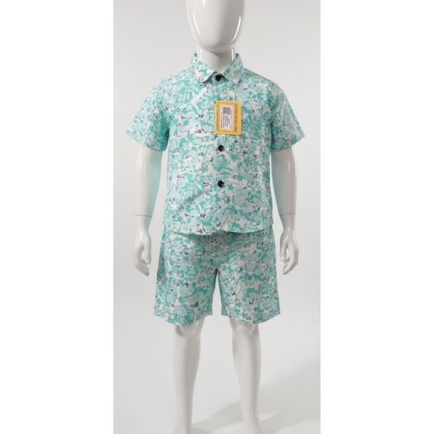 Kids' Teal floral print cotton shirt and shorts set - Gangavathi Exports