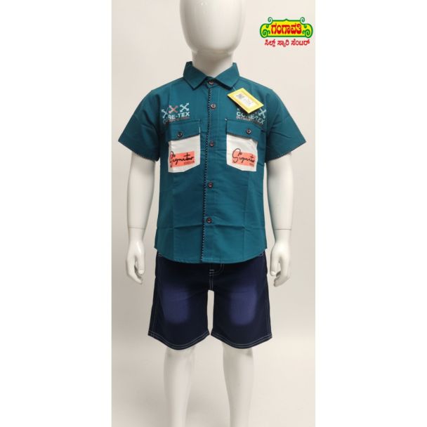 Teal green cotton shirt and dark blue denim shorts set for kids - Gangavathi Exports