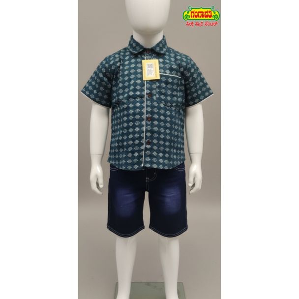 Kid's Teal Green Diamond Pattern Shirt and Denim Shorts set - casual wear