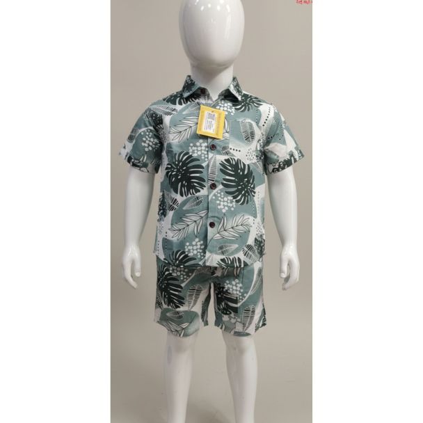 Kids' Teal Green Tropical Print Shirt and Shorts Set with white background
