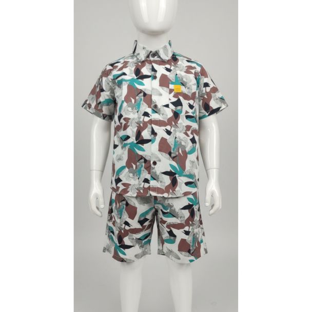 Kid's white abstract print cotton shirt and shorts set - Gangavathi Exports