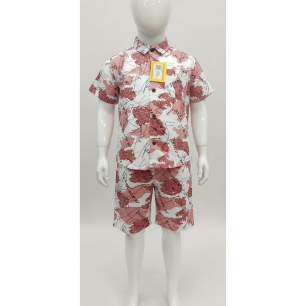White and Coral Floral Cotton Kids Shirt and Shorts Set - Casual Wear - Gangavathi Exports