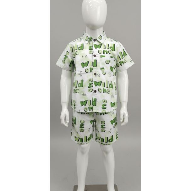 Kids' White Cotton Shirt & Shorts Set with green 'Wild One' print