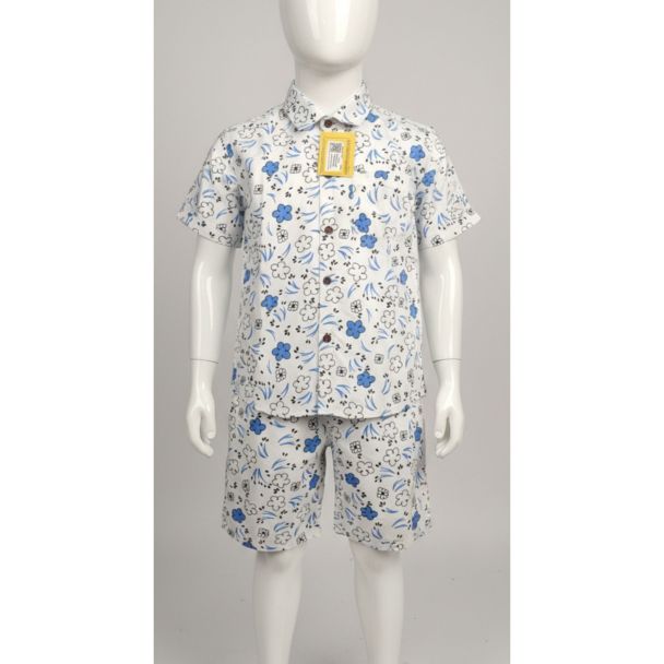 White and blue floral cotton shirt and shorts set for kids