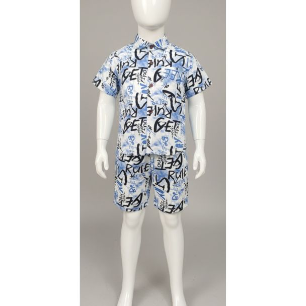 Kid's White and Blue Graffiti Print Cotton Shirt and Shorts Set - Casual Outfit - Gangavathi Exports