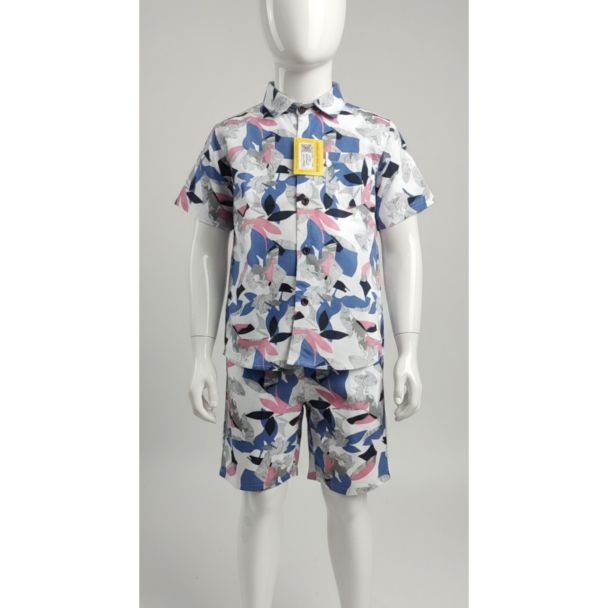 Kids white shirt and shorts co-ord set with blue and pink abstract botanical leaf print - Casual wear